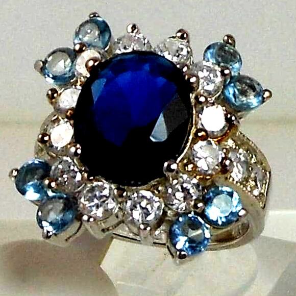 Sterling Silver Cocktail Ring Simulated Diamond Sapphire Topaz CZ Vintage Size 6 - Picture 1 of 10